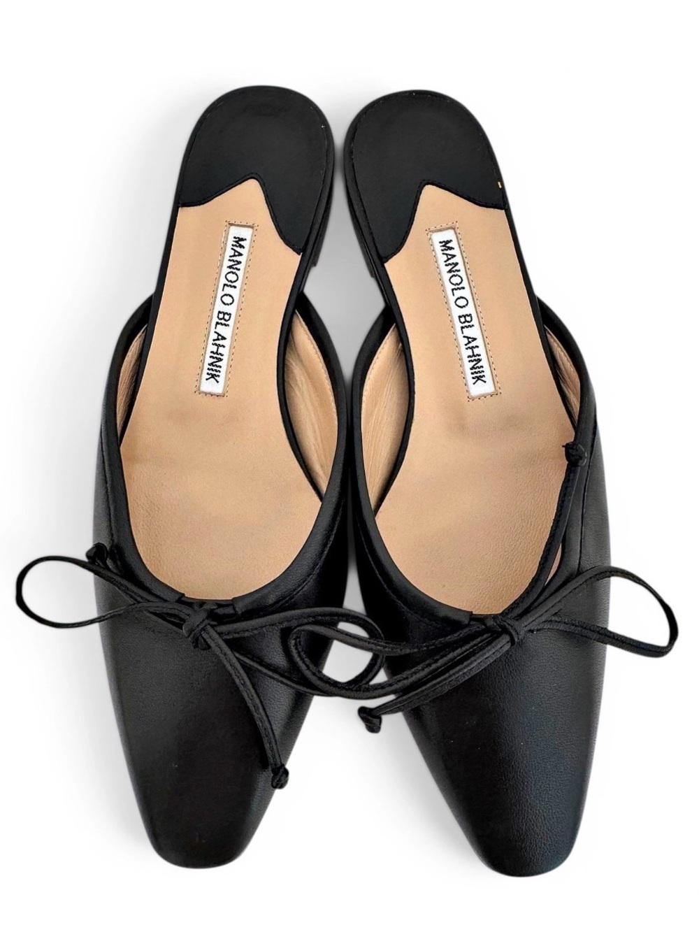 Manolo Blahnik EU 37 Black Nappa Leather Ballerimu Bow Mules Flats Authentic New